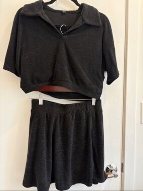 Black Two-Piece Terry Top and Skort Set